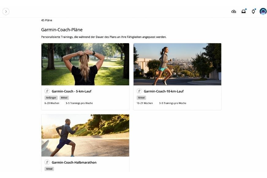 Man sieht die vorgefertigten Trainingspläne in Garmin Connect. 
